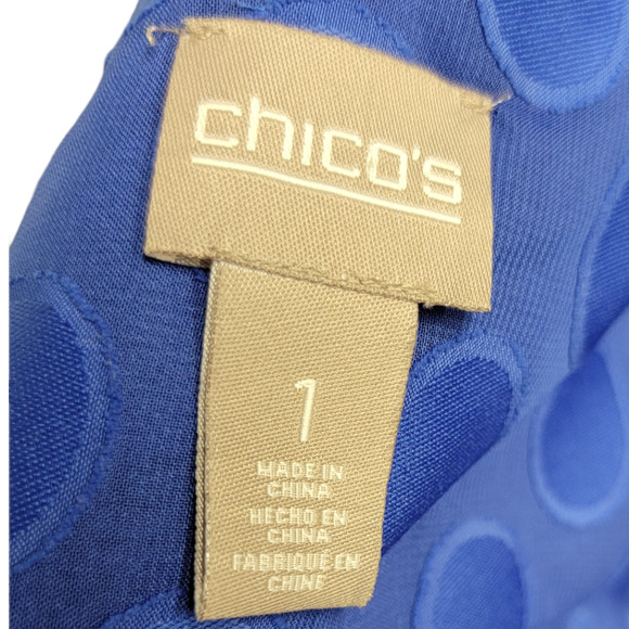 Chicos Size 1 Med 8 Polka Dot Button Down Blouse Roll Tab Sleeves Blue - Picture 5 of 7